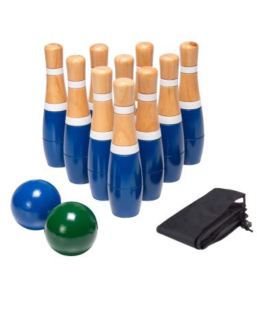 Backyard Lawn Bowling Game  Indoor and Outdoor Family Fun for Kids and Adults  10 Wooden Pins, 2 Balls, and Mesh Carrying Bag by Hey! Play! (8-Inch) Blue & White - Buy Online on GoSupps.com