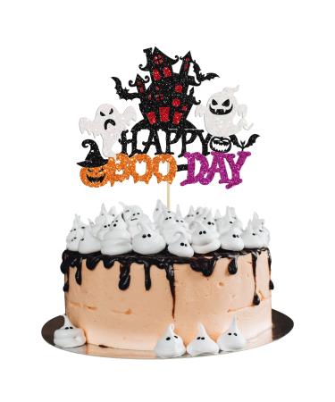 Gyufise 1 Pack Happy Boo Day Cake Topper Glitter House Ghost Halloween Cake Decorations for Halloween Birthday Party Decorations