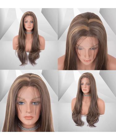 Vebonny 22-Inch Dark Brown & Blonde Highlights Lace Front Wig - Synthetic Straight Wig #097 - Buy Online on GoSupps.com