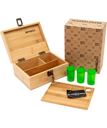 BAMBOX Stash Box with Rolling Tray, Smell Proof Containers and Black Card (Included). Wooden Stash Box with Lock Stores All Grinders, Papers, and Accessories