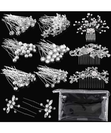 Dingion 125 Pieces Wedding Hair Comb Set with 1 Clear Storage Bags Includes 122 U-shaped Flower Rhinestone Pearl Hair Clips 3 Crystal Pearl Side Combs for Bride Bridesmaid  Silver