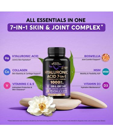 Hyaluronic Acid Supplements 1000 mg - Collagen | MSM | Boswellia | Vitamin D3 C & E - Hyaluronic Acid Capsules - Skin Hydratation & Joint Comfort Support - 7-in-1 Complex - Made in USA - 120 Capsules 120 Count (Pack of 1) - Buy Online on GoSupps.com