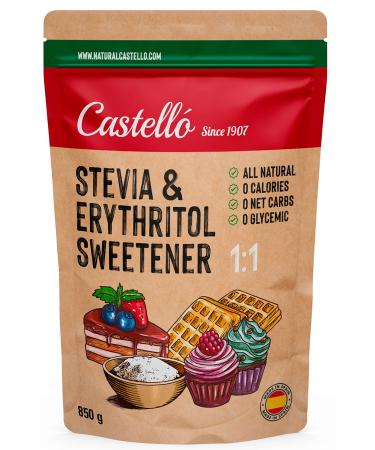 Stevia + erythritus 1: 1 sweetener |1G 1G sugar |100% natural sugar replacement - 0 calories - 0 glycemic index - keto and paleo - 0 net carbohydrates - no GVO - Castello Since 1907-850 G