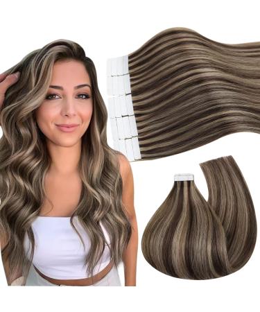 Ugeat 30cm tape extensions real hair 20 pieces hair extension tape real hair dark brown with caramel blond p4/27 cold glue tape extensions hair tape real hair 30 grams 30 cm #p4/27