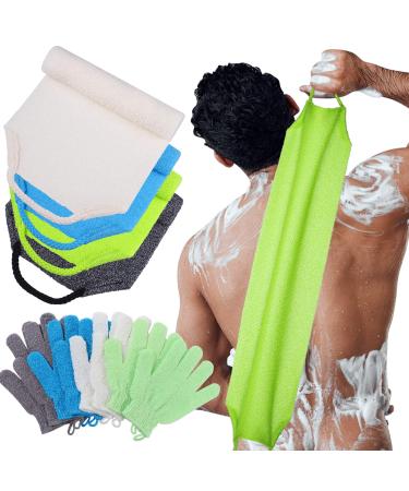 Exfoliating Back Scrubber with Handles Set of 8 Exfoliating Shower Bath Gloves Back Scrubber Set 4 Bath Gloves for Women Men Children Skin  Stretchable Pull Strap Washcloth (Bright Color)