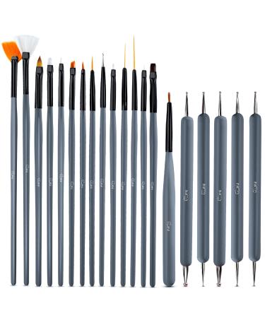 Glow 20 Nail Art Brushes & Dotting Tools Set Fine Nail Art Brush Set Perfect For Beginners & Professionals Nail Art Tools a Practical Affordable Kit With Wooden Handle (Grey)