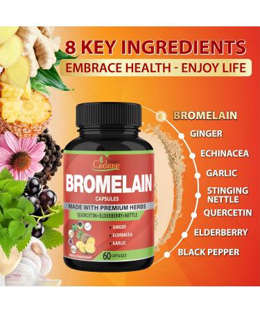 Organic Cadane Bromelain Extract Capsules 8in1 with Quercetin Elderberry Nettle Ginger Echinacea Garlic Black Pepper - Support Digestion Health & Immune System - 60 Capsules - Buy Online on GoSupps.com