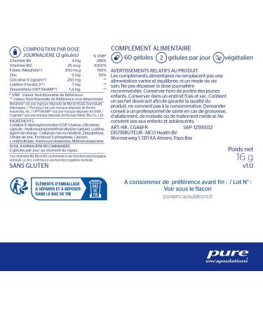 Pure Encapsulations Cogni Activ Cognitive Functions Support with Vitamins B6 B9 B12 Folate Zinc Lutein and Zeaxanthin - 60 Capsules - Buy Online on GoSupps.com