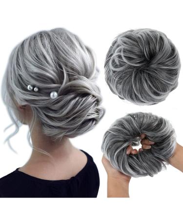 SARLA Messy Bun Hair Pieces Hair Scrunchies for Women Girls Curly Wavy Hair Buns Synthetic Updo Ponytail Extensions Donut Hair Black mix Gray and White Tips