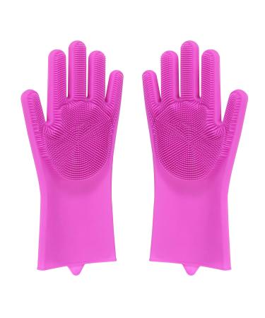 Home Beyond 2-Pack Magic Silicone Household Cleaning Gloves with Rubber Sponge Scrubber Reusable Dishwashing Kitchen Gloves Dark Pink