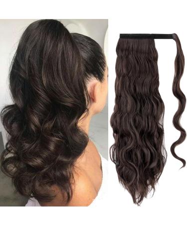 Silk-co Clip in Ponytail Hair Extension Brazilian Virgin Body Wave Wrap Around Synthetic Hair Ponytail 24Inch High Puff 100% Unprocessed Hairpiece for Women Dark Brown 24 Inch Dark Brown