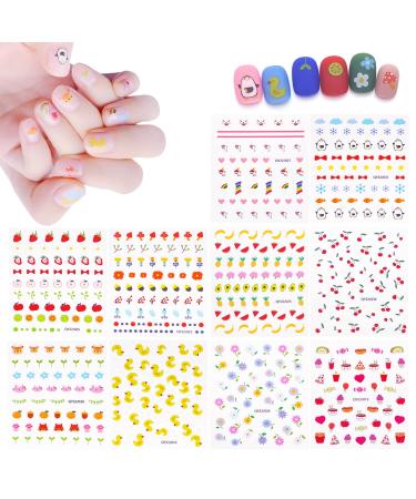 IHUKEIT 10 Sheets Cute Nail Stickers for Kids Including Animals Fruits Flowers Food Rainbow Leaves Designs Self Adhesive Nail Decals for Little Girls Women Nail Art Decoration Fun 10 Pack