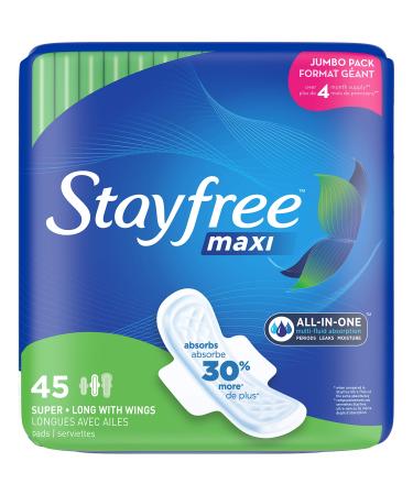 Stayfree Maxi Super Long Pads with Wings For Women, Reliable Protection and Absorbency of Feminine Periods, 45 count