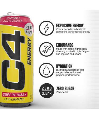 C4 Energy Drink 12oz (Pack of 12) - Strawberry Watermelon Ice - Sugar Free Performance Drink - Buy Online on GoSupps.com