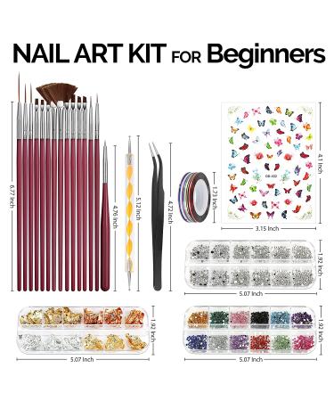 Nail Art Brushes Kit with Dotting Tools, Butterfly Stickers, Rhinestones, Tweezer, Foil Flakes, Striping Tape - Rose Red - Buy Online on GoSupps.com