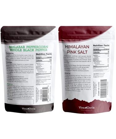 Viva Doria Malabar Black Peppercorns & Himalayan Pink Salt Combo Pack - 12 Oz Pepper, 2 lb Salt - Grinder Refill - Buy Online on GoSupps.com