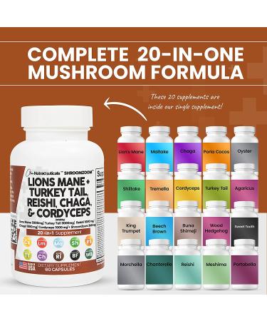 Lions Mane 3000mg 20in1 Mushroom Supplement with Turkey Tail, Reishi, Cordyceps, Chaga, Maitake, and More - Cognitive Energy Focus Pills USA - Buy Online on GoSupps.com
