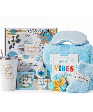 Birthday Gifts Basket for Women Get Well Soon Thinking of You Gifts Relaxing Spa Gifts Self Care Package Box w/ Luxury Blanket Unique Mothers Day Gifts for Mom Her Best Friend Sister Wife Grandma Blue