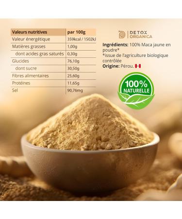 DETOX ORGANICA Maca Bio - 250g Poudre de Maca Jaune Bio - 100% Nature et Vegan - Racine du P rou riche en Vitamines et Min raux - Fertilit et Boost d'Energie - Qualit Premium 250 g (Lot de 1) - Buy Online on GoSupps.com