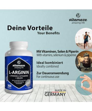 L-Arginine Capsules High Dose - 360 Count | Pre-Workout Supplement with B6 B12 Folic Acid Selenium & Piperine - Made in Germany | Pure & Natural Energy Boost - Buy Online on GoSupps.com