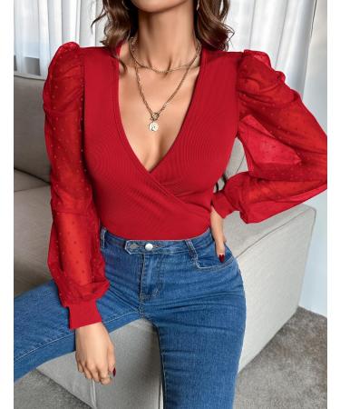 Fayenne Womens Tops Deep V Neck Cross Wrap Sexy Tops Polka Dot Mesh Long Sleeve T Shirt Casual Blouses M Red - Buy Online on GoSupps.com