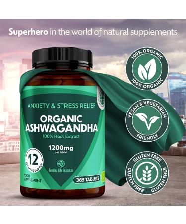 Organic Ashwagandha 1200mg 5% Withanolides Extract - 365 Tablets | Highest Concentration | Vegan | UK Supplier - Buy Online on GoSupps.com