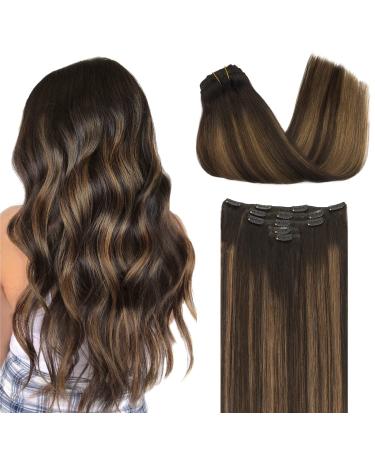 Hair Extensions Clip in Human Hair, 5pcs 70g 18 Inch Balayage Dark Brown to Chestnut Brown DOORES Clip in Human Hair Extensions Natural Hair Extensions Straight 18 Inch #(T2/6)/2 Dark Brown to Chestnut Brown