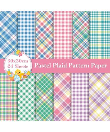 Whaline 12 Designs Pastel Plaid Pattern Paper 24 Sheet Spring Scrapbook Specialty Paper Double-Sided Easter Decorative Craft Paper Folded Flat for Card Making Scrapbook Photo Album Decor  30 x 30cm