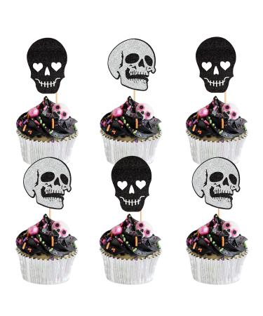 Ercadio 24 Pack Halloween Skull Cupcake Toppers Glitter Skull Cupcake Picks Halloween Horror Skull Cupcake Decors for Halloween Theme Baby Shower Birthday Party Cake Decors Pattern 11