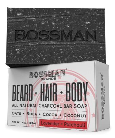 Bossman Men's Bar Soap 4 in 1 Beard Wash, Shampoo, Body Wash and Conditioner, 4 oz Lavender and Patchouli 4 Ounce (Pack of 1)
