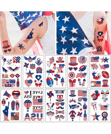 July 4th Temporary Tattoos  Fake Tattoo Assorted Designs  100pcs Waterproof Body Stickers  Red White Blue Tattoo Decorations  Independence Day Party Favor Supplies Decor for Adults Kids Teens 10 Sheets Flag