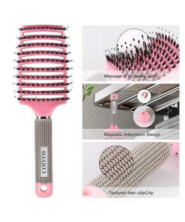 Detangling Brush with Coivos Boar Bristles - Curved Vented Design for Shiny & Healthy Hair - Pink+Black - Ideal for Women, Men, and Kids - Dry and Wet Hair Detangler - Buy Online on GoSupps.com