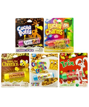 Cereal Flavored Lip Balm Set (5 Pack) Cocoa Puffs Lucky Charms Honey Nut Cheerios Cinnamon Toast Crunch and Trix