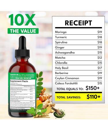 Moringa Supplement Drops - Ashwagandha, Spirulina, Chlorella, Turmeric & Ginger Liquid Barley Grass with Chlorophyll, Matcha, Algae, Vitamin C Antioxidant, Holy Basil, Ceylon Cinnamon - 4fl Oz 2 Fl Oz (Pack of 2) - Buy Online on GoSupps.com
