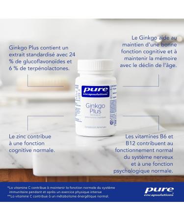 Pure Encapsulations - Ginkgo Plus - Memory and Concentration - With Vitamins B6 B12 Zinc and Folate - 60 Capsules - Buy Online on GoSupps.com