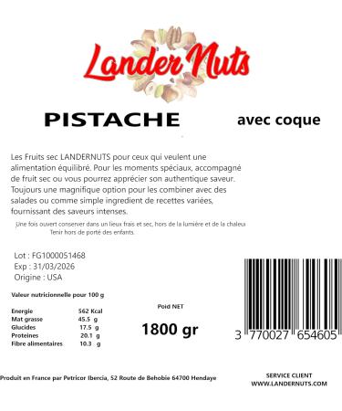 Extra Pistachio with shell Extra Unsalted 1.8 Kg 100% Natural Landernuts - Buy Online on GoSupps.com