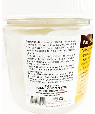 ICAN London 100% Natural Pure Coconut Oil 16oz - Extra Virgin Cold Pressed - Buy Online on GoSupps.com