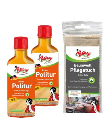 Poliboy Fix -Neu Politur Hell - Furniture polish for bright lacquered woods - color -refreshing wood polish - 2x 100ml - with cotton cloth - Made in Germany 100 ml (2 -pack) light