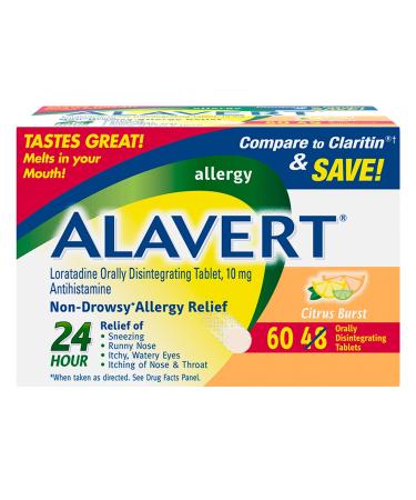 Alavert Allergy 24 Hour Relief, Citrus Burst Flavor, Orally Disintegrating Allergy Tablets, Non-drowsy Antihistamine, Loratadine 10mg, 60 Count