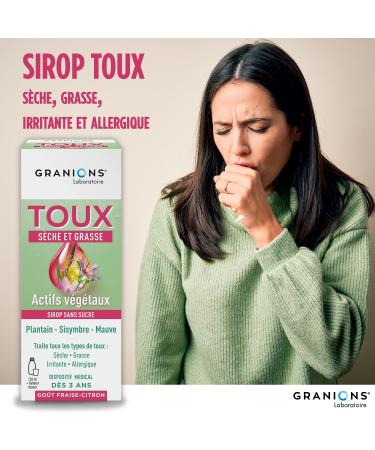 GRANIONS Cough Syrup - 4 in 1 - Sugar Free - Dry and Oily Cough Syrup - Natural Formula without Contraindications - Plantain Extract - Medical Device - From 3 Years | Strawberry-Lemon Flavor - 120 ml - Buy Online on GoSupps.com