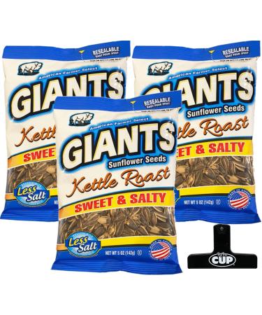 Giants Kettle Roast Sweet & Salty Sunflower Seeds 5 oz Resealable Bag (Pack of 3) with By The Cup Bag Clip