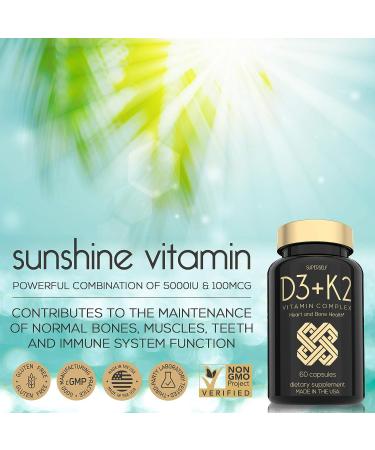 Vitamin D3 K2 Capsules | 5000 IU D3 & 100mcg K2 | 60 Capsules | USA Made Vegetarian Supplement | Bone, Muscle, Teeth & Immune Support - Buy Online on GoSupps.com