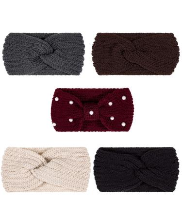 Whaline 5 Pieces Knit Headbands Winter Ear Warmers, 4 Elastic Turban Head Wraps and 1 Pearl Crochet Hair Band, Hair Scrunchies Scarves for Women Girls (Autumn&Winter Colors)