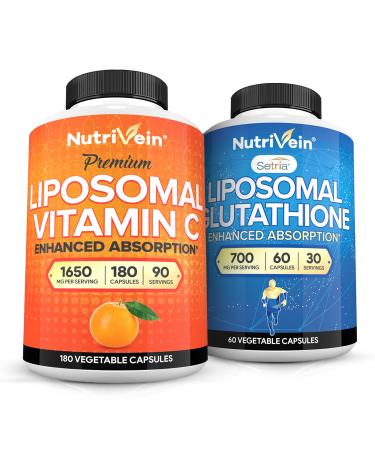 Nutrivein Premium Liposomal Vitamin C 1650mg & Liposomal Glutathione Bundle - High Absorption Ascorbic Acid Plus Master Antioxidant & Liver Cleanse - Non-GMO, Vegan/Vegetarian - 180 + 60 Capsules