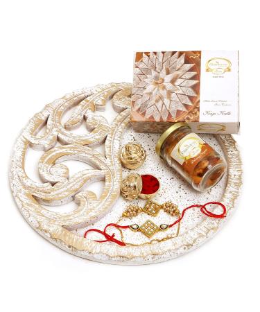Ghasitaram Gifts Rakhi Gifts for Brothers White Wooden Thali with Mix Dryfruits Kaju Katlis and Bhaiya Bhabhi Rakhis Thali with Mix Dryfruits Kaju Katlis and Rakhis