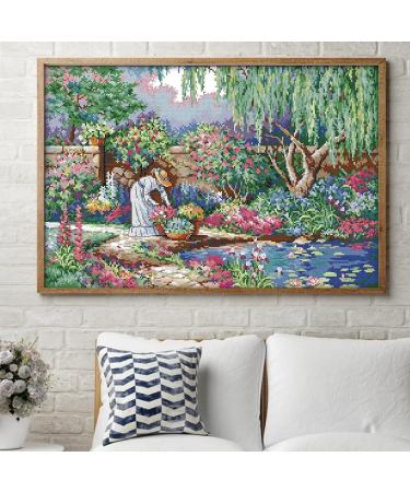 Cross Stitch Stamped Kit for Adults - Garden Girl Design | DIY Embroidery Starter Kit - 11CT Pre-Printed Needlepoint Set 17.7x25.6 inch - Buy Online on GoSupps.com