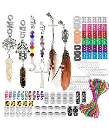 RechicGu Silver 134 Pcs Dreadlocks Loc Accessories 7 Chakras Crystal Copper Wire Wrapped Gemstone Feather Braids Dread Hair Beard Jewelry Decoration Tubes Beads Pendants Cross Moon with 66Feet Rope
