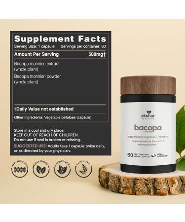 AKSHAR Ayurveda - Bacopa 500mg Brahmi Supplement, Rejuvenate System, Bacopa Pills to Support Cognitive Function for Adults, Vegan Cruelty Free Bacopa Monnieri (60 Count) - Buy Online on GoSupps.com