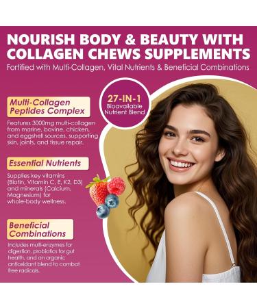 Collagen Gummies + Biotin Soft Chews 3000mg for Women & Men Ultra Hydrolyzed Collagen Peptides Boosting Type I II III V X Vitamin C E Anti-Aging Formula for Hair Skin & Nails Digestion Bone 60Ct - Buy Online on GoSupps.com