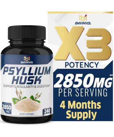 Premium Psyllium Husk Capsules 2850mg - 4 Months Supply - Fenugreek, Turmeric, Ginger - Supports Digestive Health and Regularity - 240 Capsules